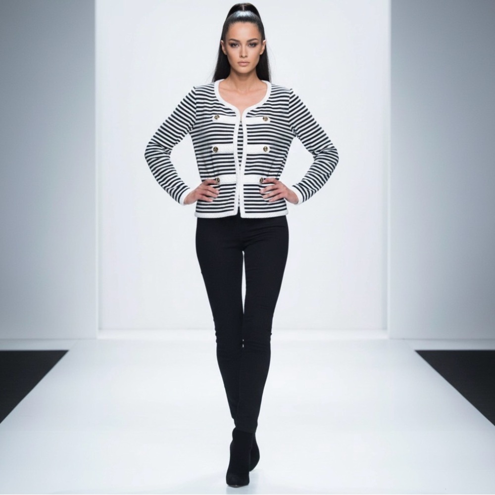 Kate Nautical Striped Knit Cardigan Jacket w/ Braided Trim Gold Buttons - Chic